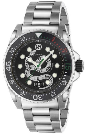  Shop Authentic Gucci Dive Snake Black Dial Silver Steel Strap Watch For Men - YA136218 - Luxxuri
