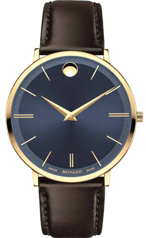  Shop Authentic Movado Ultra Slim Blue Dial Brown Leather Strap Watch For Men - 0607088 - Luxxuri