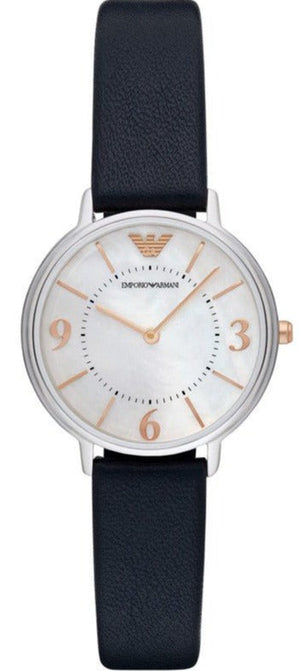  Shop Authentic Emporio Armani Kappa White Mother of Pearl Dial Black Leather Strap Watch For Women - AR2509 - Luxxuri