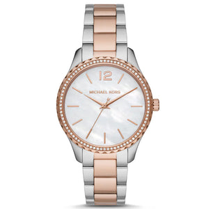  Shop Authentic Michael Kors Layton Three Hand Mother of Pearl White Dial Two Tone Steel Strap Watch For Women - MK6849 - Luxxuri