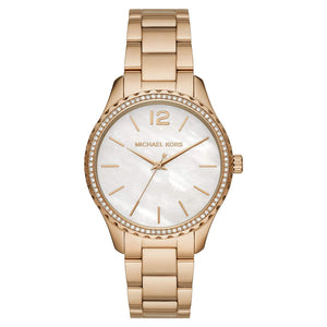 Shop Authentic Michael Kors Layton Three Hand Mother of Pearl White Dial Gold Steel Strap Watch For Women - MK6870 - Luxxuri