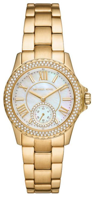  Shop Authentic Michael Kors Everest Three-Hand Mother of Pearl White Dial Gold Steel Strap Watch For Women - MK7363 - Luxxuri