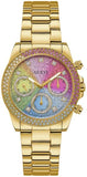 Guess Confetti Chronograph Rainbow Dial Gold Steel Strap Watch For Women  - GW0483L4