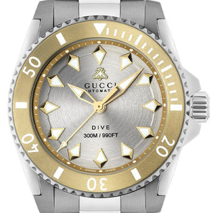  Shop Authentic Gucci Dive Automatic 18K Gold Silver Dial Silver Steel Strap Watch for Men - YA136357 - Luxxuri
