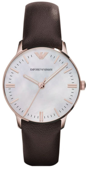  Shop Authentic Emporio Armani Classic Quartz Mother of Pearl Dial Brown Leather Strap Watch For Women - AR1601 - Luxxuri