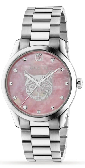  Shop Authentic Gucci G Timeless Quartz Mother of Pearl Pink Dial Silver Steel Strap Watch for Women - YA1264166 - Luxxuri