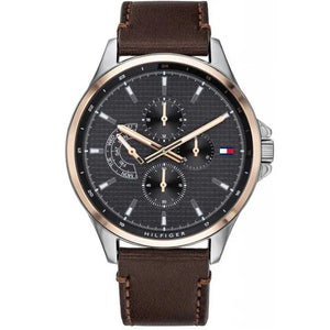  Shop Authentic Tommy Hilfiger Shawn Multifunction Grey Dial Brown Leather Strap Watch for Men - 1791615 - Luxxuri