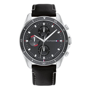  Shop Authentic Tommy Hilfiger Parker Chronograph Quartz Grey Dial Black Leather Strap Watch For Men - 1791838 - Luxxuri