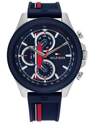  Shop Authentic Tommy Hilfiger Clark Chronograph Blue Dial Black Leather Strap Watch For Men - 1792083 - Luxxuri