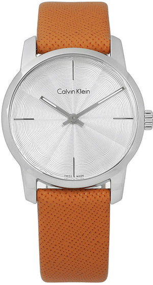  Shop Authentic Calvin Klein City Silver Dial Orange Leather Strap Watch for Women - K2G231G6 - Luxxuri