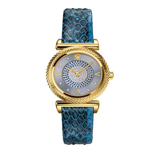  Shop Authentic Versace V-Motif Vintage Logo Diamonds Blue Dial Blue Leather Strap Watch for Women - VERE01018 - Luxxuri