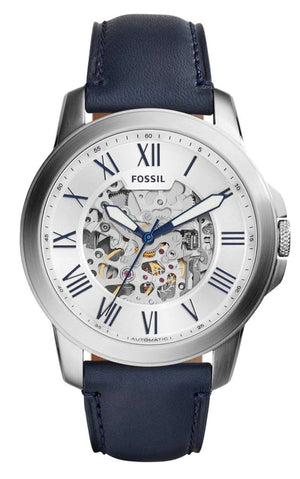  Shop Authentic Fossil Grant Automatic Skeleton Silver Dial Blue Leather Strap Watch for Men - ME3111 - Luxxuri