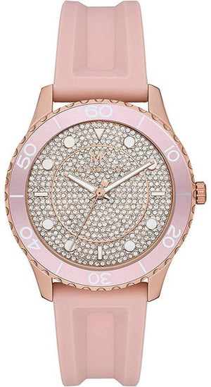  Shop Authentic Michael Kors Runway Three Hand Crystal Pave Dial Pink Rubber Strap Watch For Women - MK6854 - Luxxuri