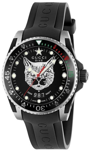  Shop Authentic Gucci Dive Feline Black Dial Black Rubber Strap Watch For Men - YA136320 - Luxxuri