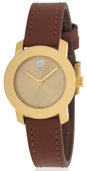  Shop Authentic Movado Bold Gold Dial Brown Leather Strap Watch for Women - 3600437 - Luxxuri