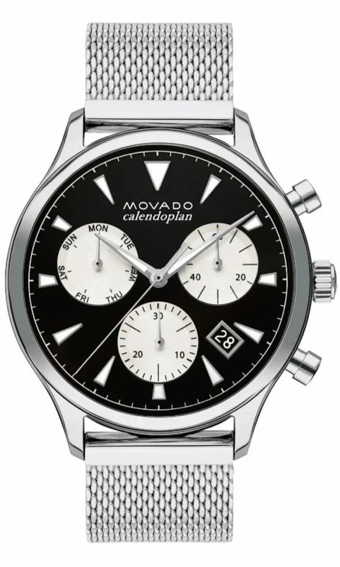  Shop Authentic Movado Heritage Calendoplan Chronograph Black Dial Silver Mesh Strap Watch for Men - 3650097 - Luxxuri