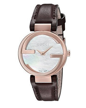  Shop Authentic Gucci G Interlocking Mother of Pearl Dial Brown Leather Strap Watch For Women - YA133516 - Luxxuri