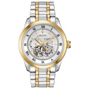  Shop Authentic Bulova BVA Skeleton Silver Dial Two Tone Steel Strap Watch for Men - 98A230 - Luxxuri