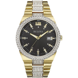  Shop Authentic Bulova Crystal Black Dial Two Tone Steel Strap Watch for Men - 98B235 - Luxxuri