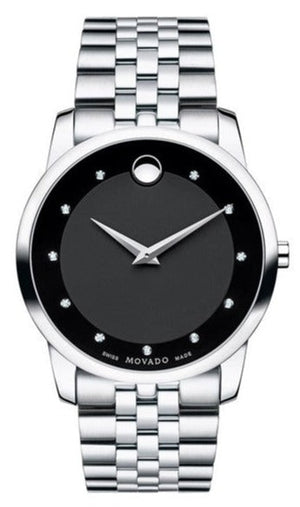  Shop Authentic Movado Museum Diamonds Black Dial Silver Steel Strap Watch For Men - 606878 - Luxxuri
