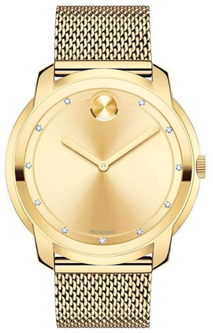  Shop Authentic Movado Bold Diamonds Gold Dial Gold Mesh Bracelet Watch For Men - 3600460 - Luxxuri