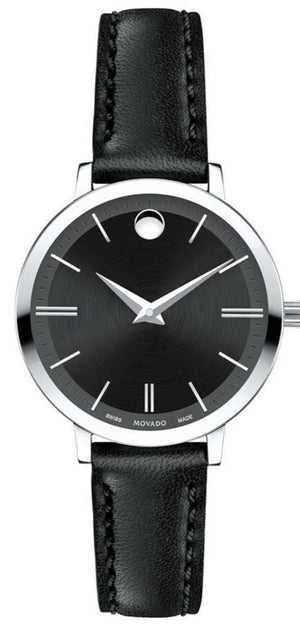  Shop Authentic Movado Ultra Slim Black Dial Black Leather Strap Watch For Women - 0607094 - Luxxuri