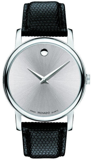 Shop Authentic Movado Museum Quartz Silver Dial Black Leather Strap Watch For Men - 2100001 - Luxxuri