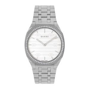  Shop Authentic Gucci 25H Quartz Diamonds Silver Dial Silver Steel Strap Watch for Women - YA163401 - Luxxuri