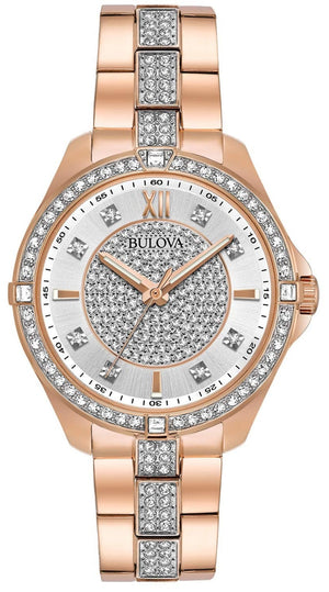  Shop Authentic Bulova Crystal Collection Silver Dial Rose Gold Steel Strap Watch for Women - 98L229 - Luxxuri