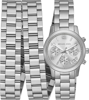  Shop Authentic Michael Kors Runway 18K Rhodium Plated Triple Wrap Silver Dial Silver Steel Strap Watch for Women - MK7451 - Luxxuri