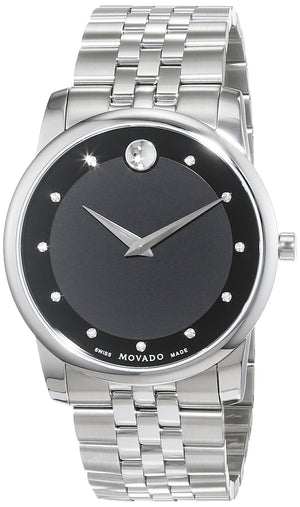  Shop Authentic Movado Museum Diamonds Black Dial Silver Steel Strap Watch For Men - 606878 - Luxxuri