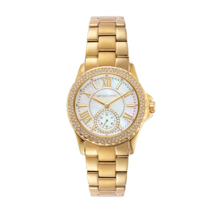  Shop Authentic Michael Kors Everest Three-Hand Mother of Pearl White Dial Gold Steel Strap Watch For Women - MK7363 - Luxxuri