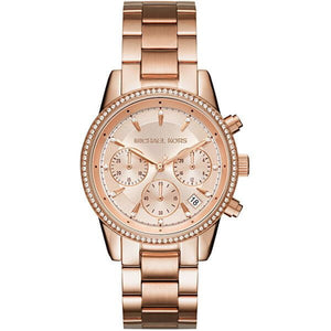  Shop Authentic Michael Kors Ritz Chronograph Rose Gold Dial Rose Gold Steel Strap Watch for Women - MK6357 - Luxxuri