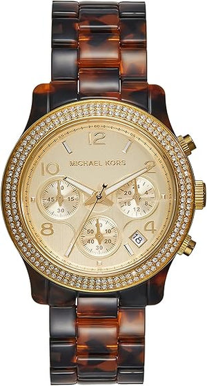  Shop Authentic Michael Kors Runway Chronograph Gold Dial Brown Acetate Strap Watch for Women - MK7475 - Luxxuri