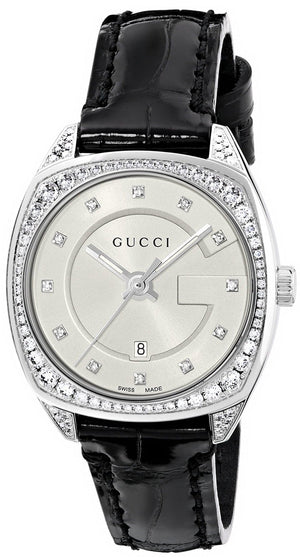  Shop Authentic Gucci GG2570 Diamonds Silver Dial Black Leather Strap Watch For Women - YA142507 - Luxxuri