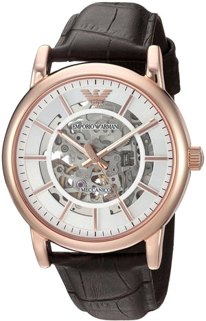 Shop Authentic Emporio Armani Meccanico Silver Skeleton Dial Brown Leather Strap Watch For Men - AR1983 - Luxxuri