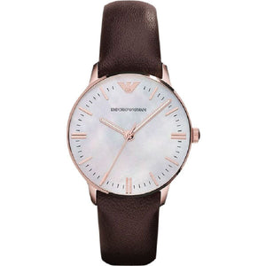  Shop Authentic Emporio Armani Classic Quartz Mother of Pearl Dial Brown Leather Strap Watch For Women - AR1601 - Luxxuri