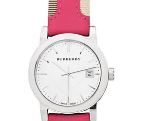  Shop Authentic Burberry The City White Dial Haymarket Pink Leather Strap Watch for Women - BU9149 - Luxxuri