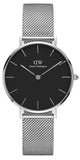 Daniel Wellington Classic Petite Sterling Black Dial Silver Mesh Bracelet Watch For Women - DW00100162