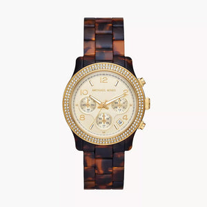  Shop Authentic Michael Kors Runway Chronograph Gold Dial Brown Acetate Strap Watch for Women - MK7475 - Luxxuri