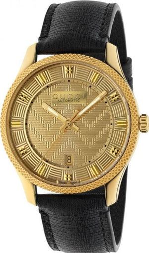  Shop Authentic Gucci Eryx Automatic Chevron Gold Dial Black Leather Strap Watch For Men - YA126340 - Luxxuri