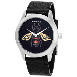  Shop Authentic Gucci G Timeless Bee Black Dial Black Leather Strap Watch For Women - YA1264067 - Luxxuri
