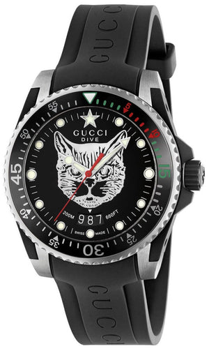  Shop Authentic Gucci Dive Feline Black Dial Black Rubber Strap Watch For Men - YA136323 - Luxxuri