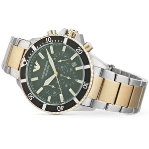  Shop Authentic Emporio Armani Diver Chronograph Green Dial Two Tone Steel Strap Watch For Men - AR11361 - Luxxuri