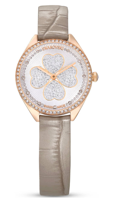  Shop Authentic Swarovski Attract Clover Crystals Silver Dial Grey Leather Strap Watch for Women - 5653350 - Luxxuri