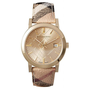  Shop Authentic Burberry The City Gold Dial Haymarket Brown Leather Strap Watch for Women - BU9026 - Luxxuri