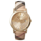  Shop Authentic Burberry The City Gold Dial Haymarket Brown Leather Strap Watch for Women - BU9026 - Luxxuri
