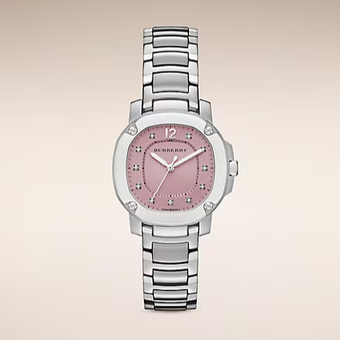  Shop Authentic Burberry The Britain Diamonds Pink Dial Silver Steel Strap Watch for Women - BBY1805 - Luxxuri