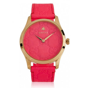  Shop Authentic Gucci G Timeless Quartz Pink Dial Pink Leather Strap Watch For Women - YA1264115 - Luxxuri