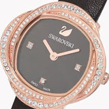  Shop Authentic Swarovski Crystal Flower Black Dial Black Leather Strap Watch for Women - 5552421 - Luxxuri